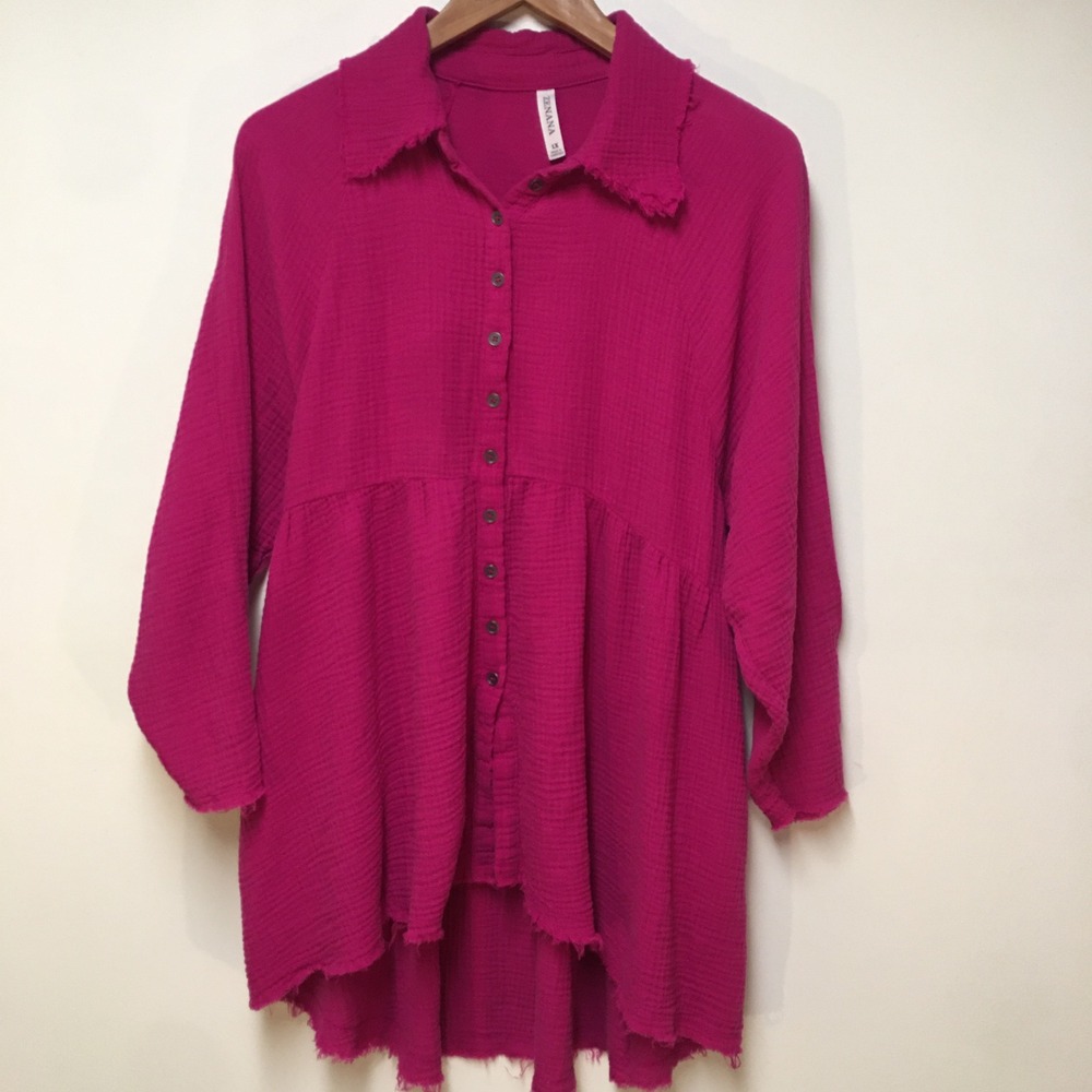 Zenana Button Down Tunic Women 1X Magenta Pink Cotton Gauze Raw Hem Pockets